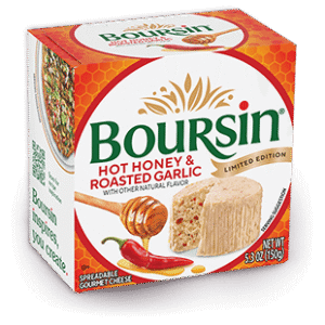 Box of Boursin Hot Honey & Roasted Garlic spreadable cheese (Limited Edition) with cheese wedge and honey drizzle on the front.